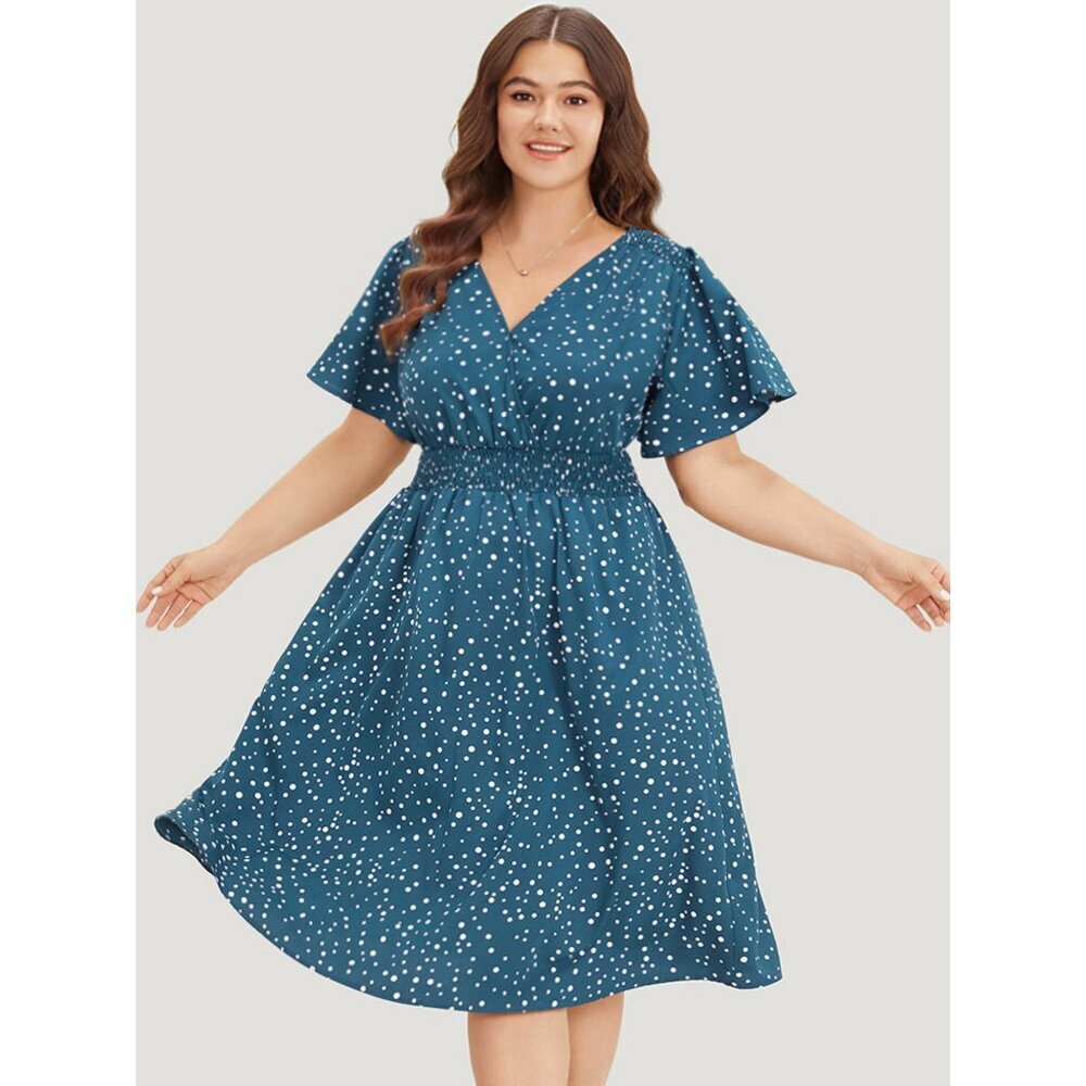 NWT BloomChic Polka Dot Wrap Pocket Shirred Ruffle Sleeve Dress Size 14-16/1X